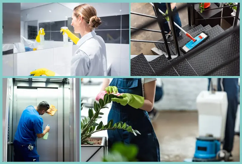 Collage of commercial cleaning: office, stairwell, elevator and floor care