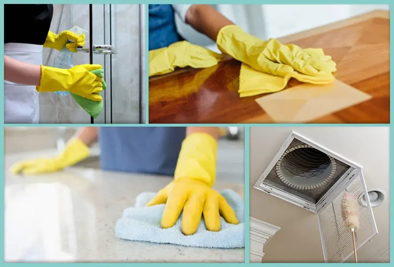 Collage of house cleaning: glass, wood polishing, countertop wiping and vent dusting