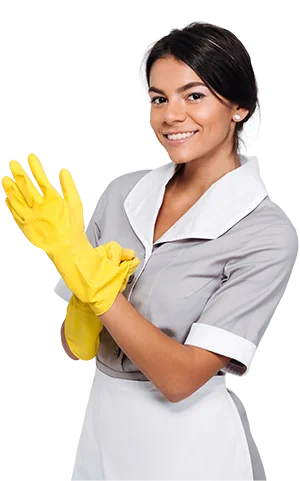 Smiling Tiffany Maid Service housekeeper in yellow cleaning gloves