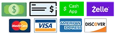 Payment accepted: cash, check, Cash App, Zelle, Mastercard, Visa, American Express, Discover